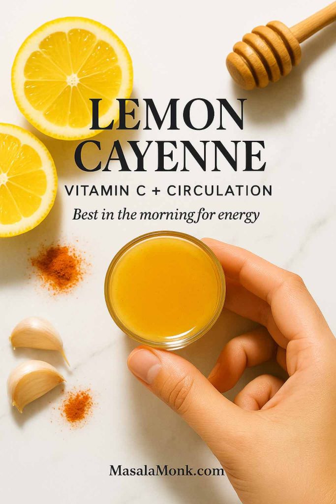 Bright yellow lemon cayenne immunity shot with lemon halves and cayenne pepper, designed to support circulation and energy.