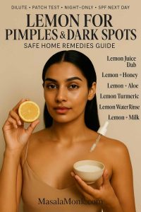 South Asian woman holding lemon and milk bowl; cover for lemon remedies guide for pimples and dark spots with six options and safety tips.