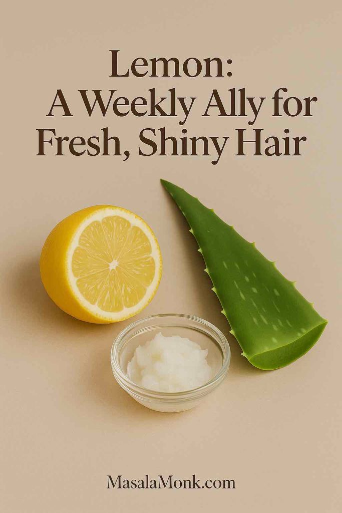 Minimal flat-lay of a halved lemon, a fresh aloe vera leaf, and a small glass bowl of coconut oil on a beige background. Magazine-style closing image with overlay text: Lemon: A Weekly Ally for Fresh, Shiny Hair — MasalaMonk.com.