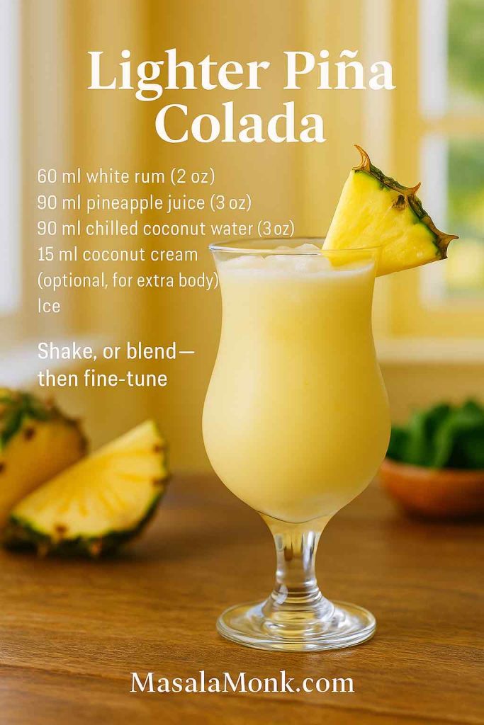 Lighter Piña Colada recipe card: hurricane glass with frosty pale-yellow colada, pineapple wedge garnish; sunlit kitchen wood table; overlay lists 60 ml white rum, 90 ml pineapple juice, 90 ml coconut water, 15 ml coconut cream (optional), and ‘Shake, or blend—then fine-tune’; MasalaMonk.com footer.
