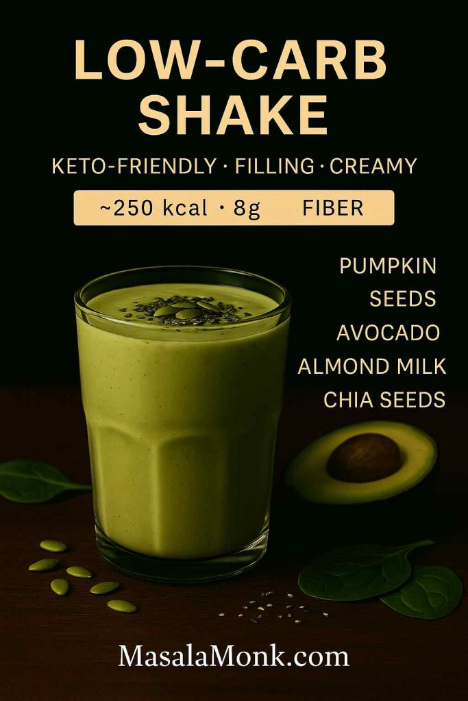 Tall glass of low-carb avocado and chia seed shake topped with pumpkin seeds, with avocado and spinach on the side.