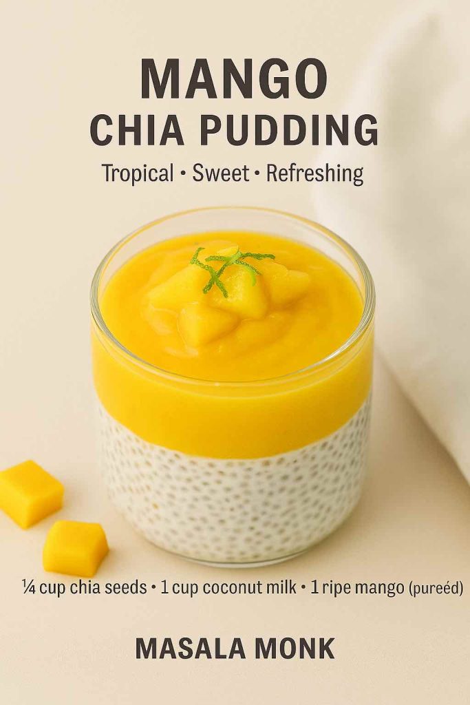 Glass of chia pudding layered with coconut milk and topped with mango purée and lime zest.