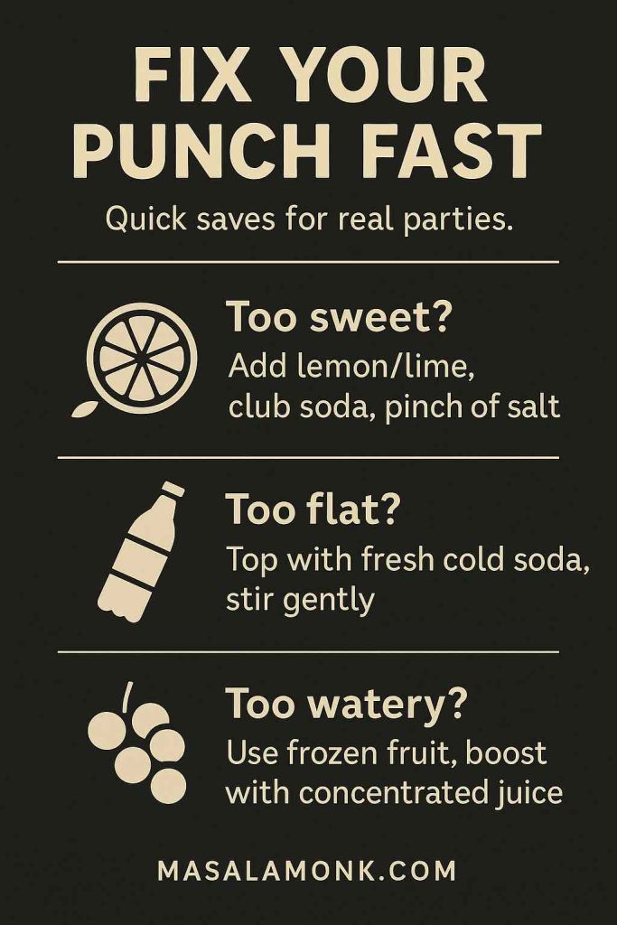 Troubleshooting infographic titled “Fix Your Punch Fast” on a dark background with icons and three remedies: add citrus/club soda/salt if too sweet; top with fresh cold soda and stir gently if flat; use frozen fruit and concentrated juice if watery. Branded MasalaMonk.com.