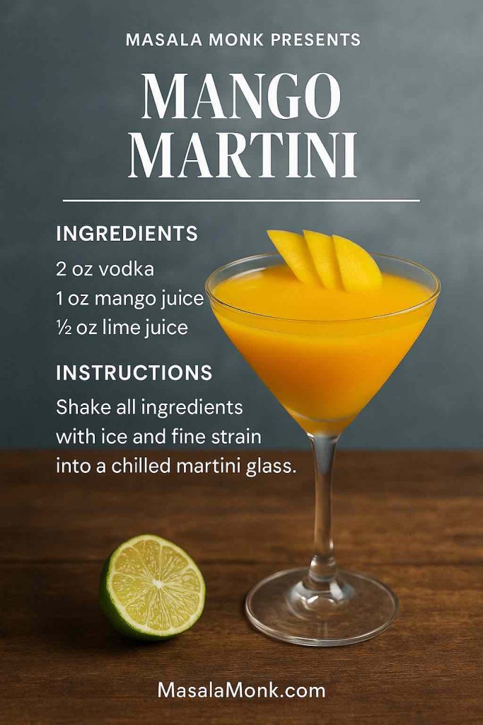 Mango Martini recipe card—chilled Nick & Nora with fine-strained mango vodka cocktail; ingredients and shake/fine-strain method shown.