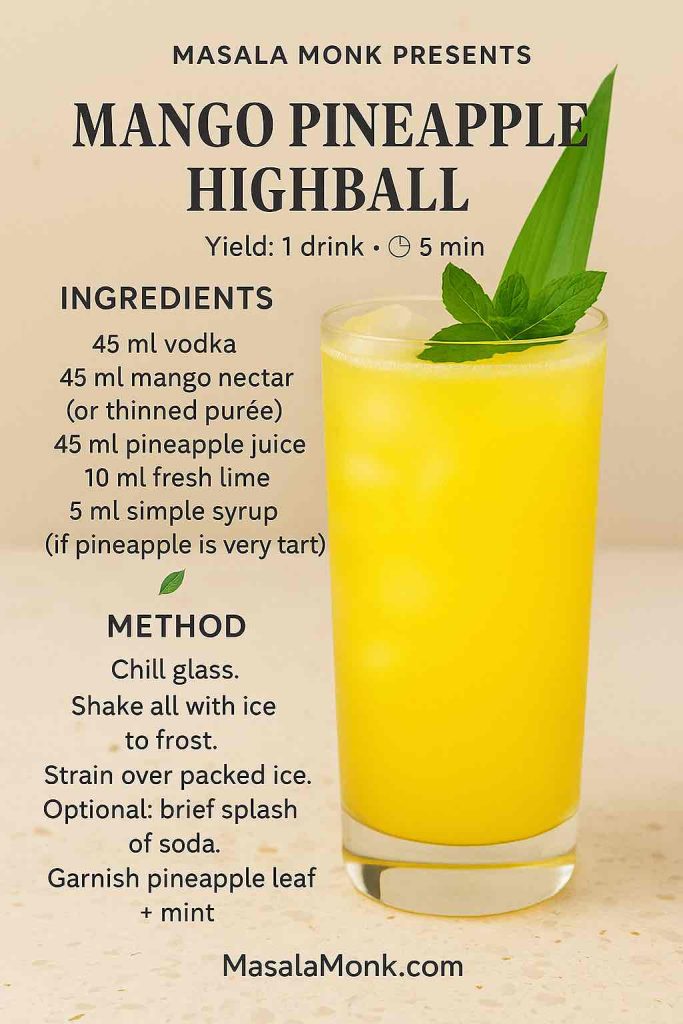 Mango Pineapple Highball recipe card—tall highball with pineapple leaf and mint; 45/45/45/10 ratios and shake-strain method.