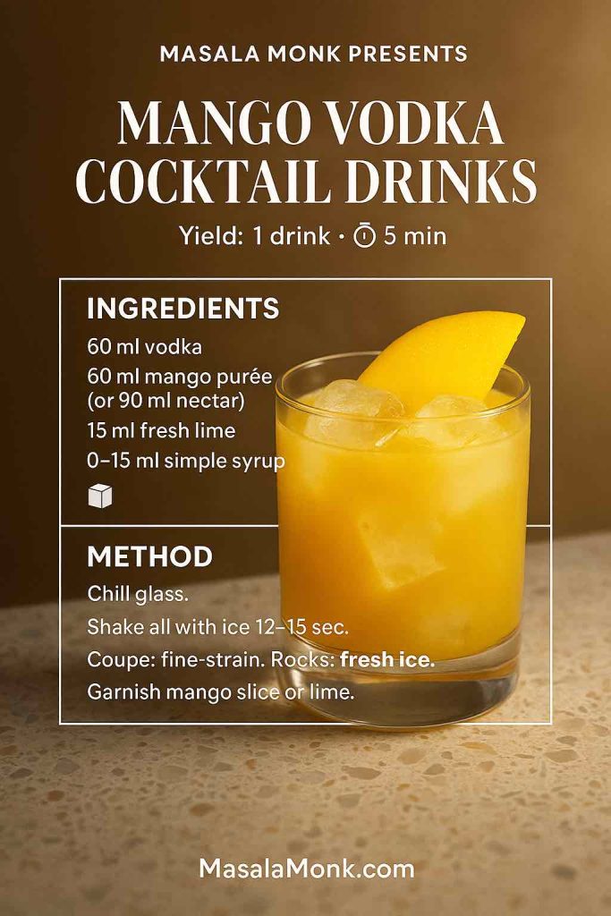 Base recipe card for Mango Vodka Cocktail Drinks—rocks glass on terrazzo with mango slice garnish; ingredients and 4-step shake method overlay, MasalaMonk.com footer.