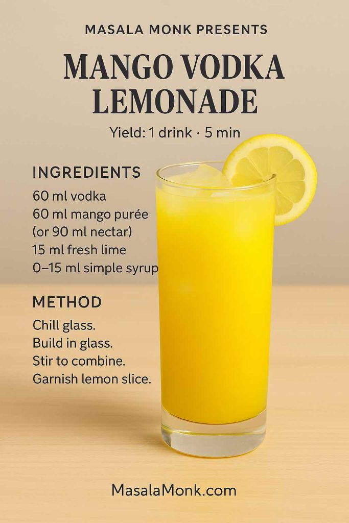 Mango Vodka Lemonade recipe card—Collins glass with lemon wheel; build-in-glass method and exact ratios overlayed.