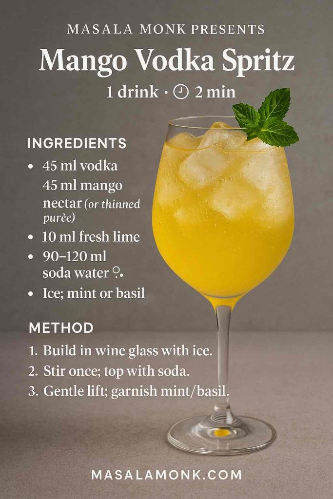 Mango Vodka Spritz recipe card—stemmed wine glass packed with ice and rising soda bubbles; overlay lists vodka, mango, lime, soda and build-in-glass method; MasalaMonk.com.