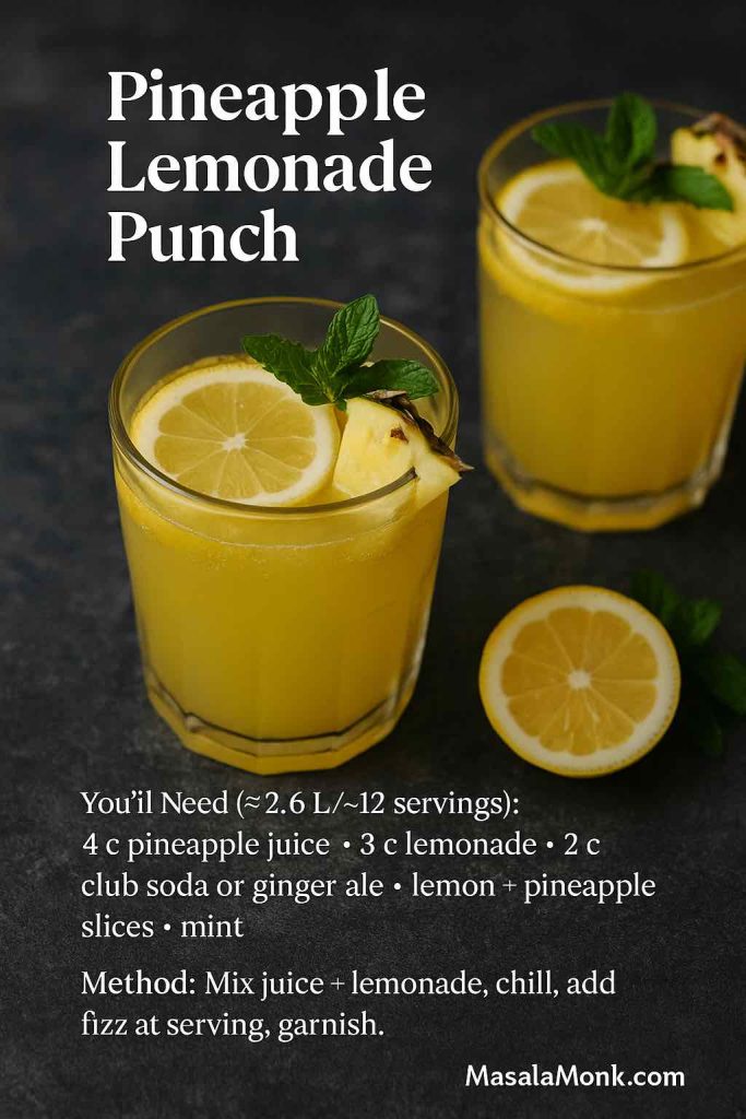 Recipe card for Pineapple Lemonade Punch featuring golden yellow punch in glasses with lemon slices, pineapple wedges, and fresh mint. Includes ingredient list and method overlay on a dark textured background for Masala Monk.