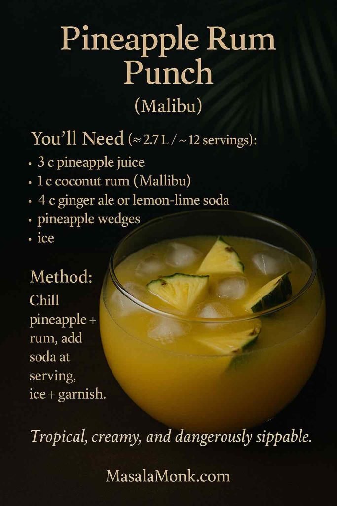 Recipe card for Pineapple Rum Punch (Malibu) showing a moody punch bowl filled with yellow pineapple punch, ice, and pineapple wedges. Text overlay lists ingredients (pineapple juice, coconut rum, soda) and a simple method for Masala Monk.