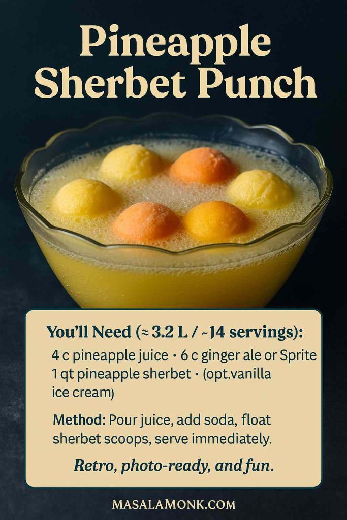 Recipe card for Pineapple Sherbet Punch featuring a retro-style punch bowl filled with yellow pineapple punch and floating scoops of orange and pineapple sherbet. Includes ingredient list and method overlay for Masala Monk.