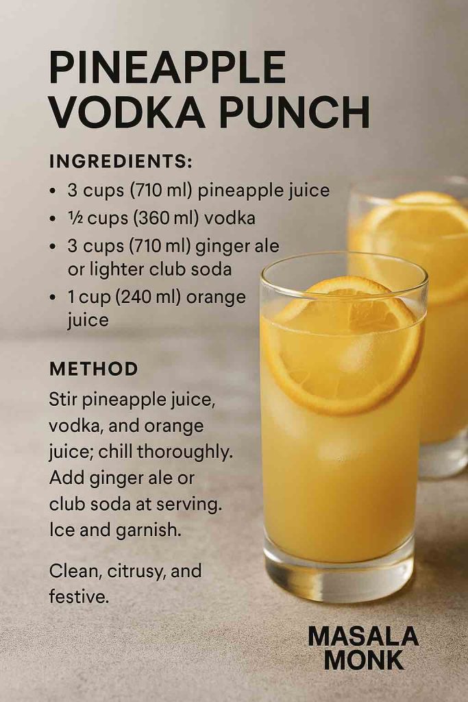 Recipe card for Pineapple Vodka Punch showing tall glasses of golden punch with orange wheels on ice. Overlay lists ingredients (pineapple juice, vodka, ginger ale/club soda, orange juice) and simple method in a modern Masala Monk layout.