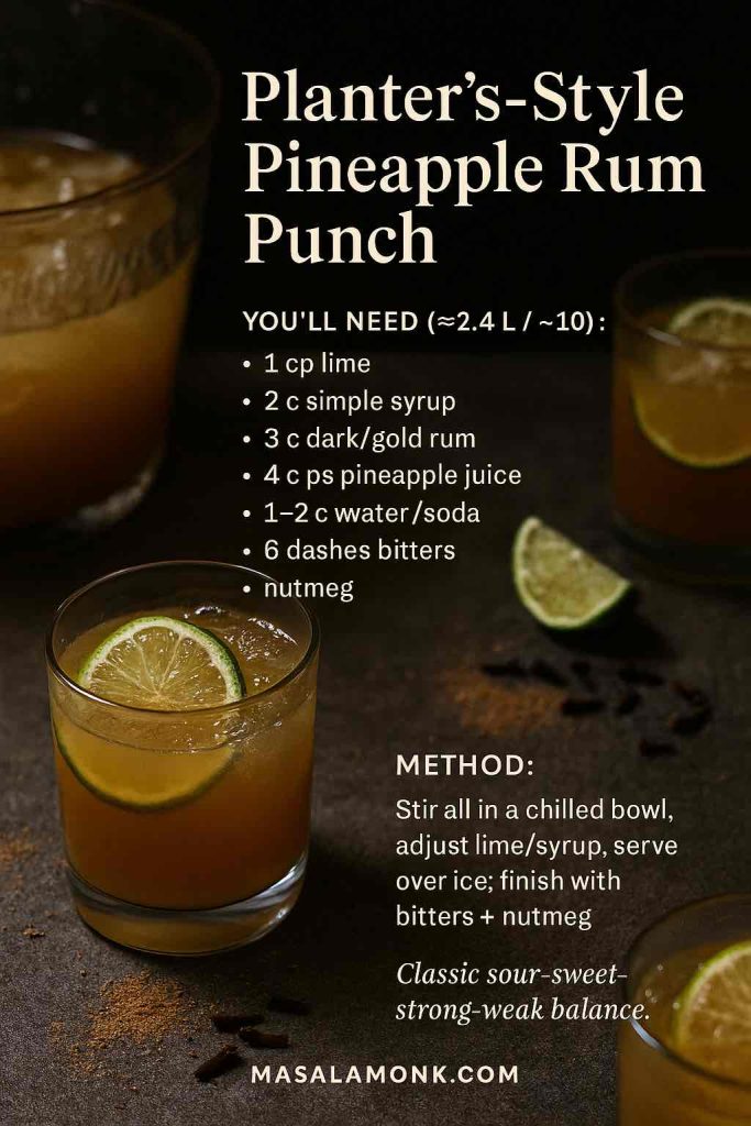 Recipe card for Planter’s-Style Pineapple Rum Punch featuring golden punch in lowball glasses with lime wheels, warm rustic background, scattered spices, and text overlay listing ingredients and method for Masala Monk.