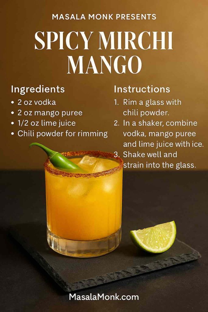 Spicy Mirchi Mango Vodka Cocktail Drinks' recipe card—rocks glass with chilli-salt rim and thin green chilli ring; ingredients and muddle-then-shake method overlay.