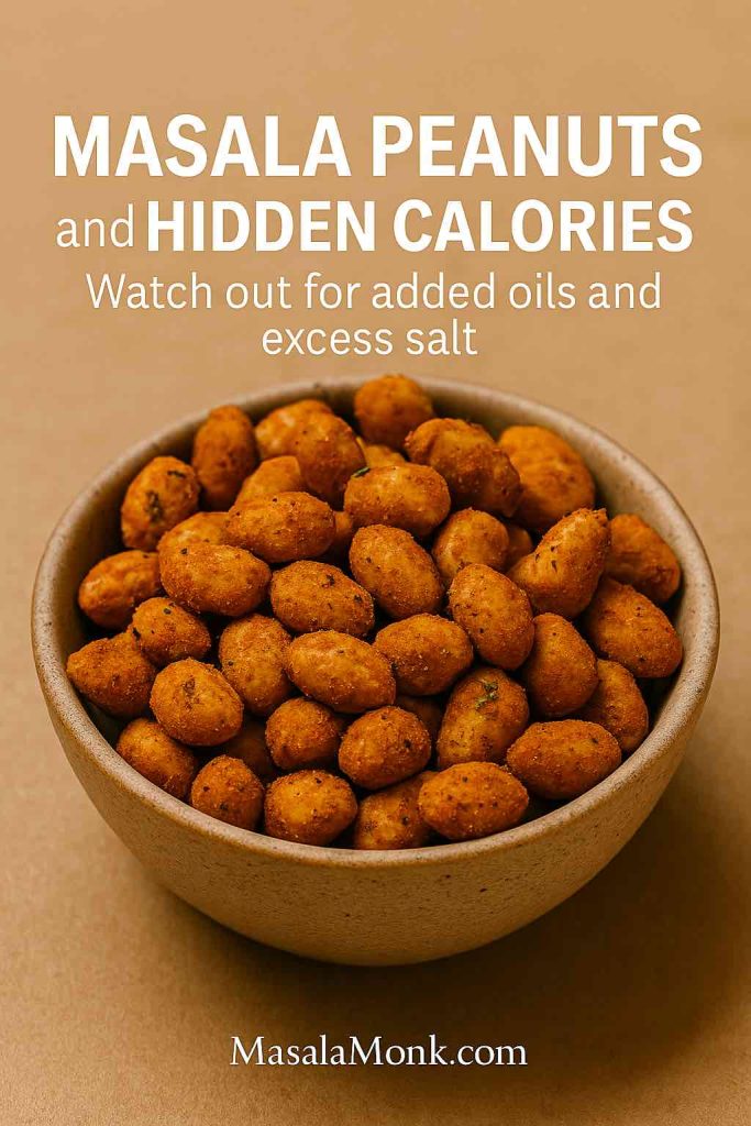 Bowl of spicy masala peanuts with text overlay warning about hidden calories, fried oils, and excess salt.