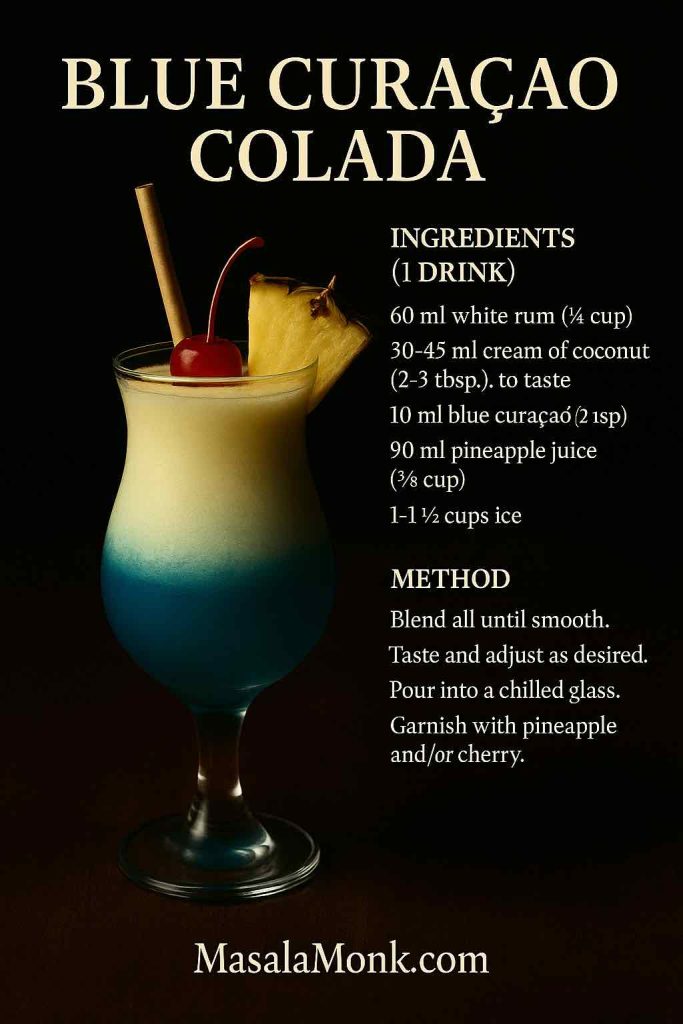 Blue curaçao piña colada recipe card—ocean-blue hue, premium moody lighting