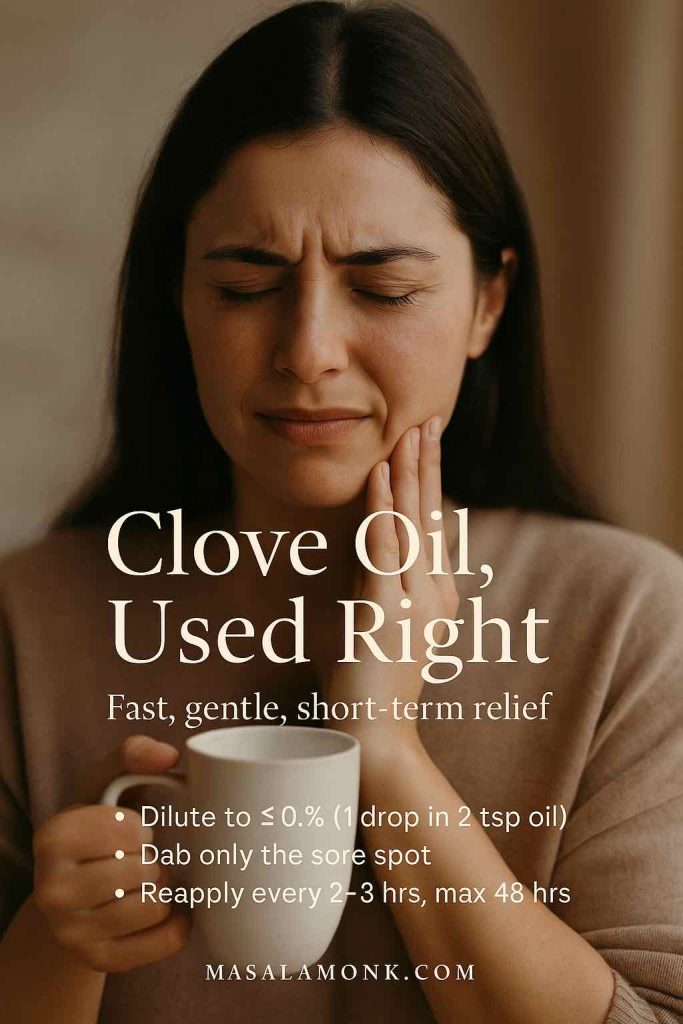 Woman with toothache holding a mug; on-image text summarizes safe clove oil use—≤0.5% dilution, spot-dab only, short-term.
