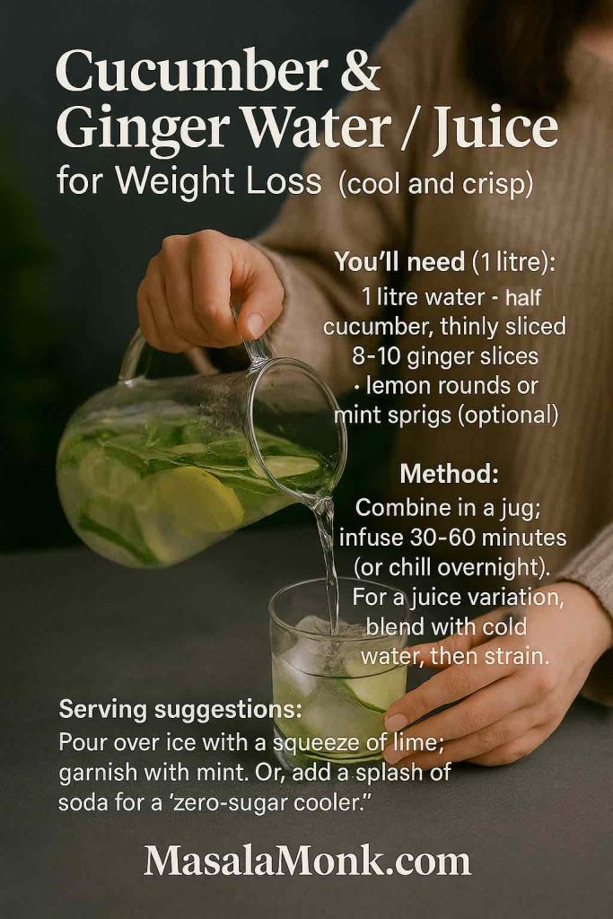 Pitcher pours cucumber–ginger infusion into an ice-filled glass; on-image recipe lists 1 L water, ½ cucumber thinly sliced, 8–10 ginger slices, lemon/mint optional; method and serving suggestions; MasalaMonk.com footer.