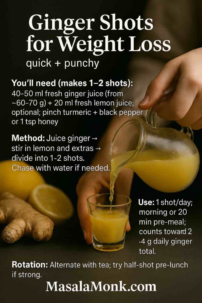 Hand pours a golden ginger shot into a small glass; on-image recipe shows 40–50 ml fresh ginger juice + 20 ml lemon juice, optional turmeric+pepper or 1 tsp honey; method to mix and divide; usage 1 shot/day; MasalaMonk.com footer.