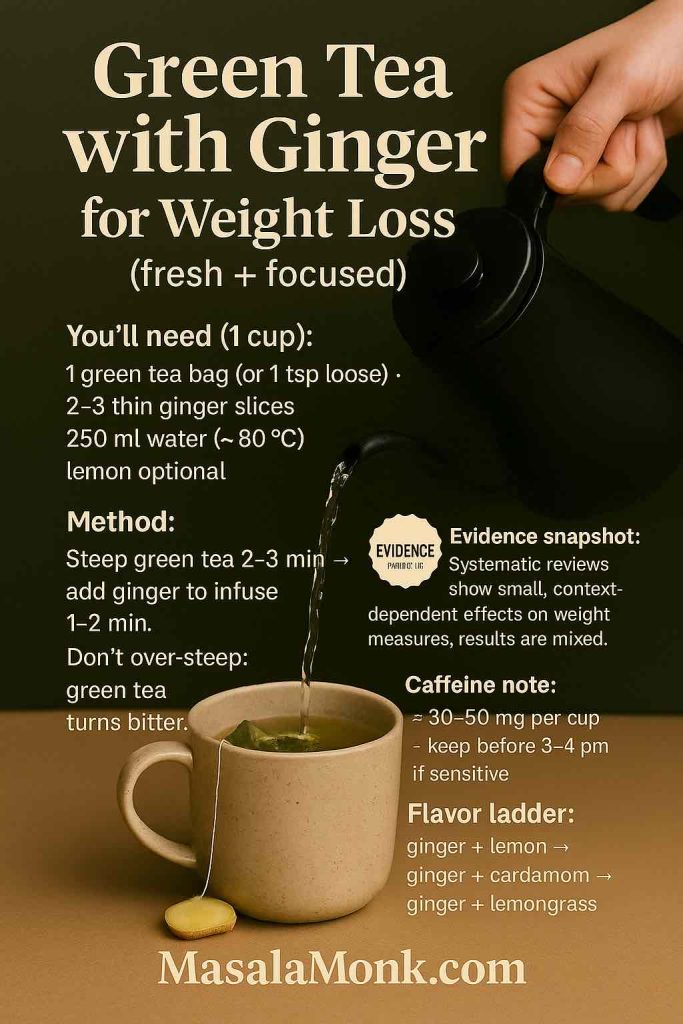 Hand pours ~80 °C water from a black gooseneck kettle into a mug with a green tea bag and ginger slices; on-image recipe, evidence snapshot (small, mixed effects), caffeine 30–50 mg; MasalaMonk.com.