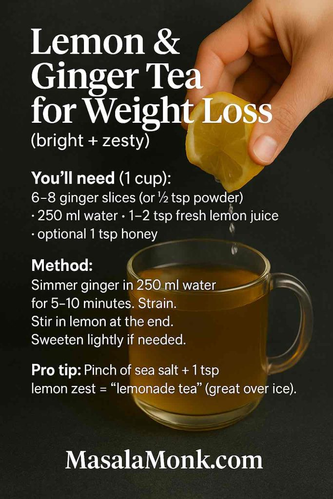 Overhead hand squeezes lemon into a glass mug of ginger tea on a dark background; on-image recipe shows ingredients and standalone method; MasalaMonk.com footer.