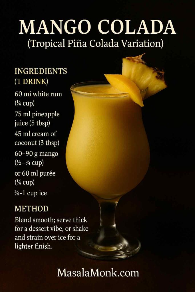 Mango Colada recipe card—golden cocktail with mango and pineapple garnish, moody portrait, MasalaMonk footer