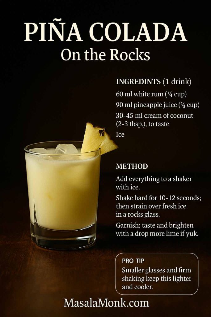 Piña Colada on the Rocks recipe card in moody portrait—rocks glass with pineapple wedge, MasalaMonk footer.