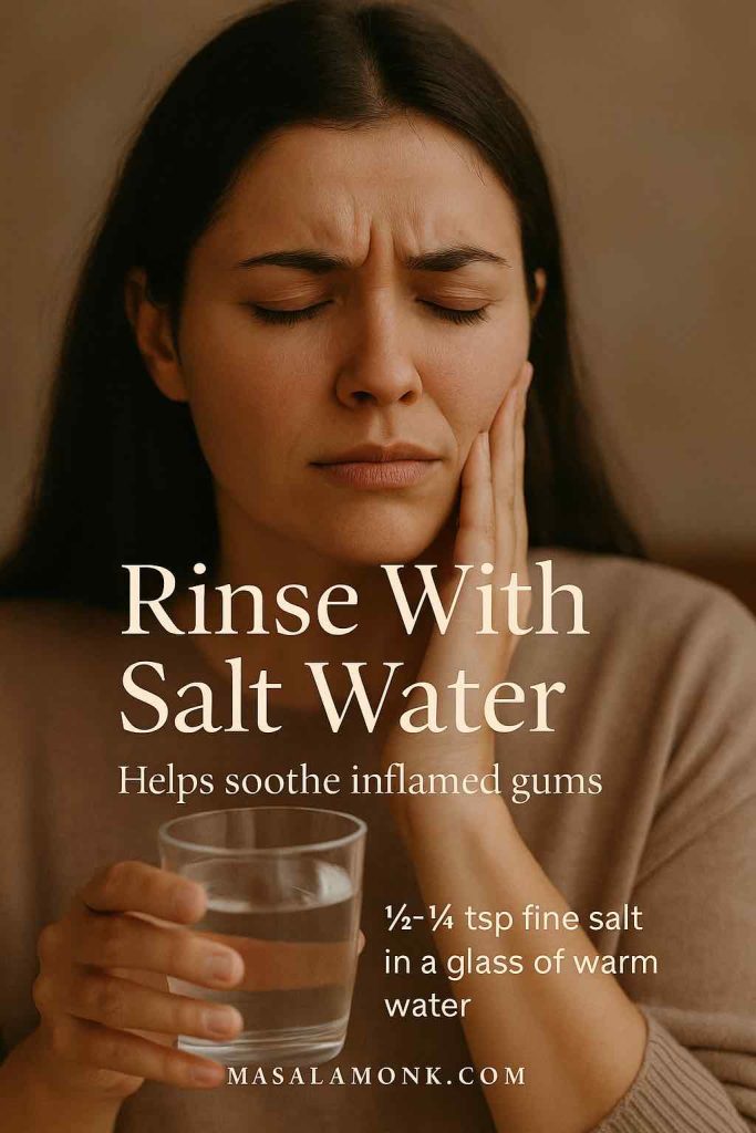 Woman preparing warm salt-water rinse; overlay gives ½–¼ tsp fine salt in a glass of warm water.