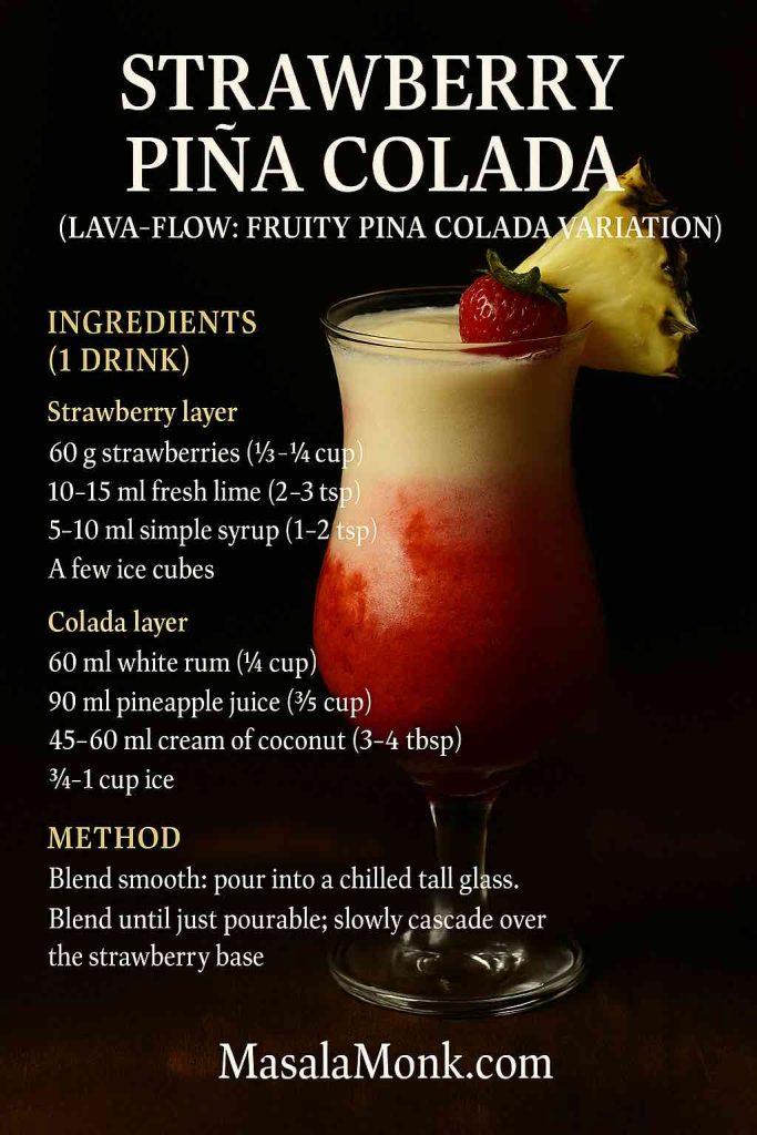 Strawberry Lava-Flow piña colada layered recipe card—red strawberry base and creamy colada, MasalaMonk footer.