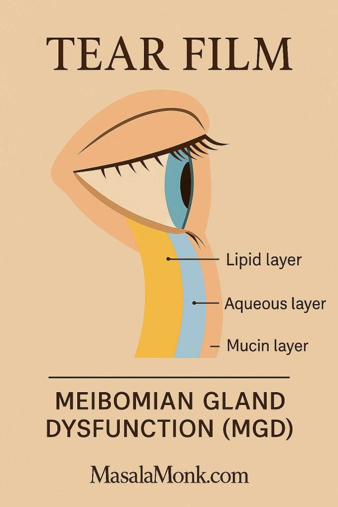 Diagram of tear film layers—lipid, aqueous, mucin—with arrows showing reduced evaporation in MGD; educational visual for Castor Oil for Eyes article.