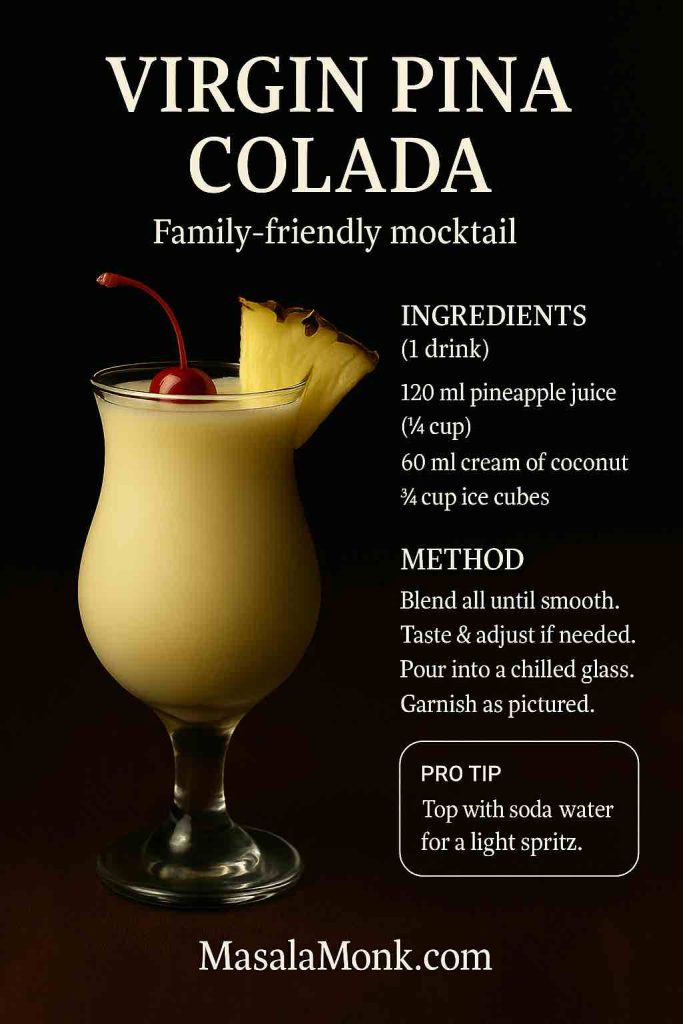 Virgin piña colada recipe card—non-alcoholic, moody portrait with MasalaMonk footer