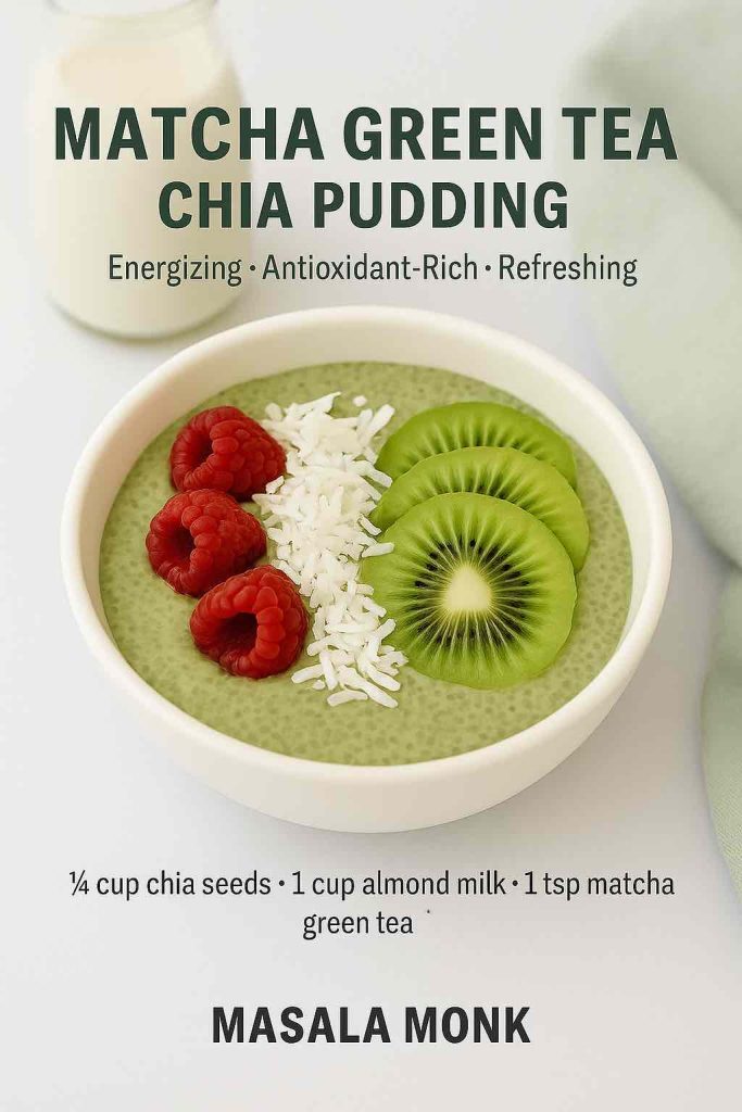 Bowl of green matcha chia pudding with sliced kiwi, raspberries, and shredded coconut.