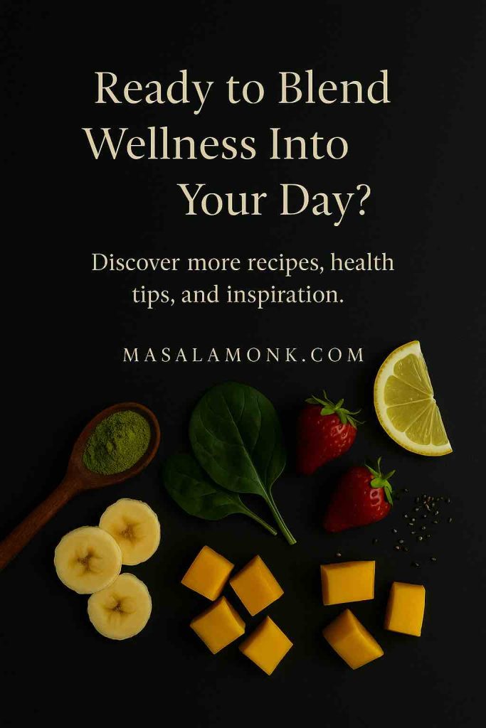 A flat-lay still life of smoothie ingredients including matcha powder, spinach leaves, banana slices, strawberries, mango cubes, chia seeds, and a lemon wedge.