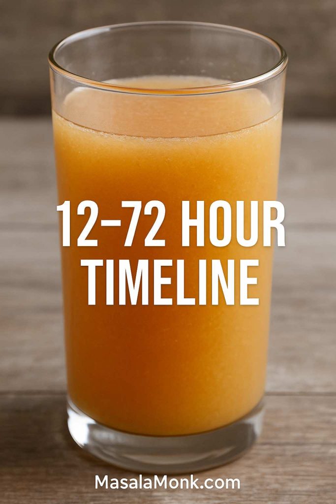 Close-up of orange psyllium drink with bold text “12–72 hour timeline”