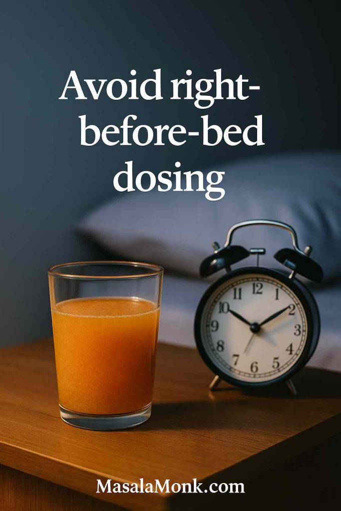 Bedside table with Metamucil glass and alarm clock, text advising to avoid dosing right before sleep