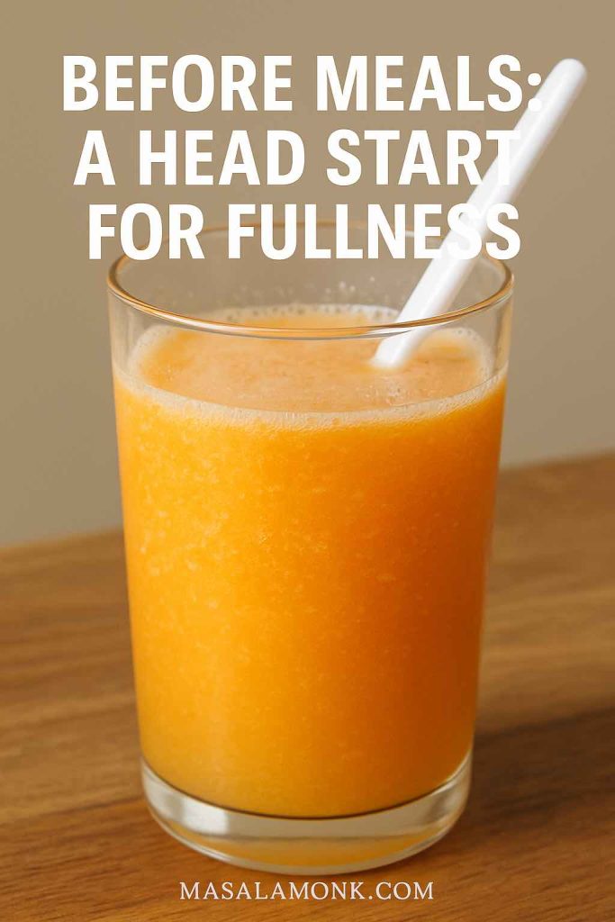 Close-up of Metamucil in a glass with spoon and text “Before meals: a head start for fullness”.