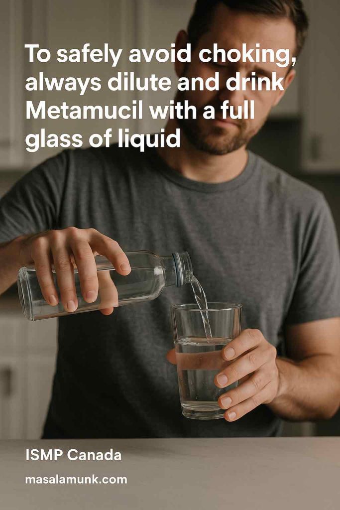 Man pouring water into a glass with overlay reminding to dilute Metamucil to avoid choking