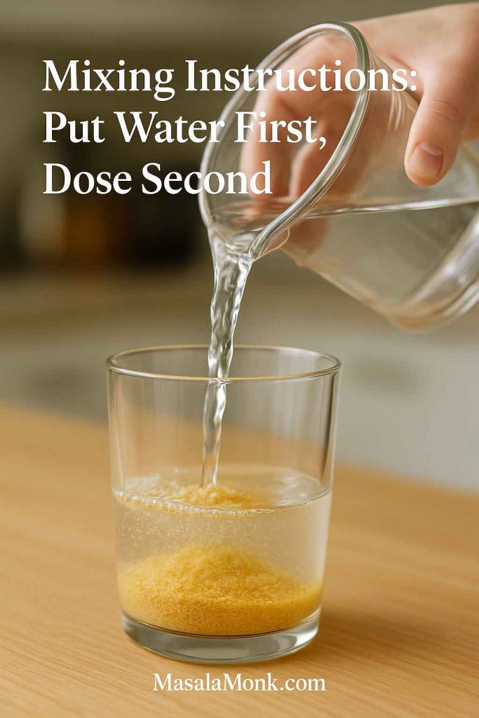 Pitcher pouring water over psyllium powder in a glass with instructional overlay text.