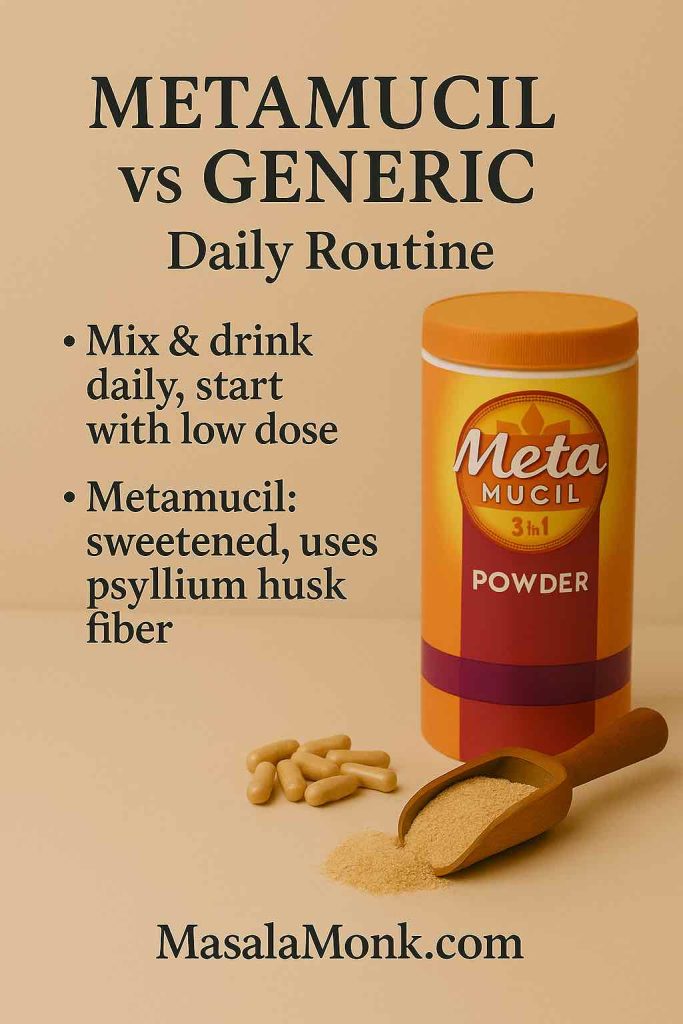 Metamucil canister, capsules, and psyllium scoop with tips to start low; note that Metamucil is sweetened psyllium husk fiber.