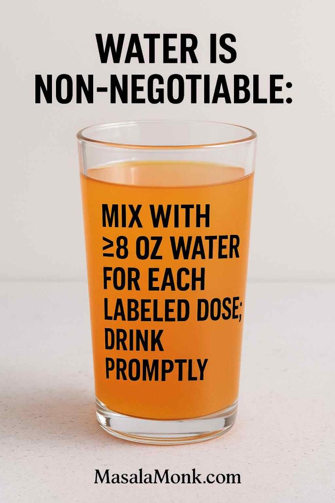Glass of diluted psyllium with large text “Mix with ≥8 oz water; drink promptly”.