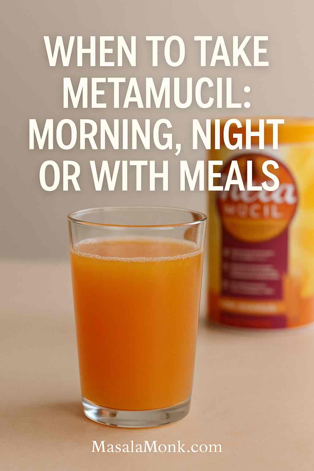 Glass of orange Metamucil drink with headline text about best time to take Metamucil, brand footer MasalaMonk.com