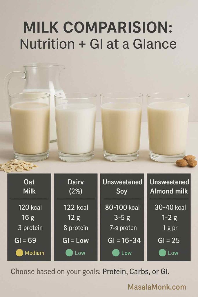 Four glasses of milk — oat, dairy, soy, and almond — shown with oats, jug, soybeans, and almonds as props. An infographic overlay highlights calories, carbs, protein, and glycemic index (GI) values for each milk type.