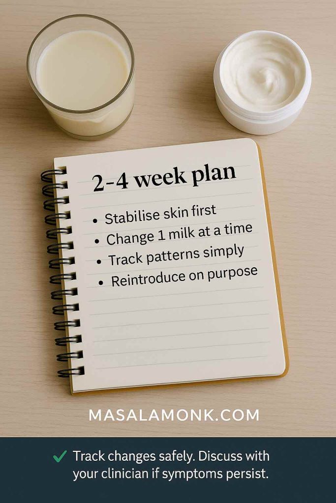 Educational flat lay infographic with a notebook checklist, a glass of plant milk, and a jar of moisturizer. Text overlay reads: “2–4 week plan – Stabilise skin first – Change 1 milk at a time – Track patterns simply – Reintroduce on purpose.” Disclaimer: “Track changes safely. Discuss with your clinician if symptoms persist.” MasalaMonk.com footer included.