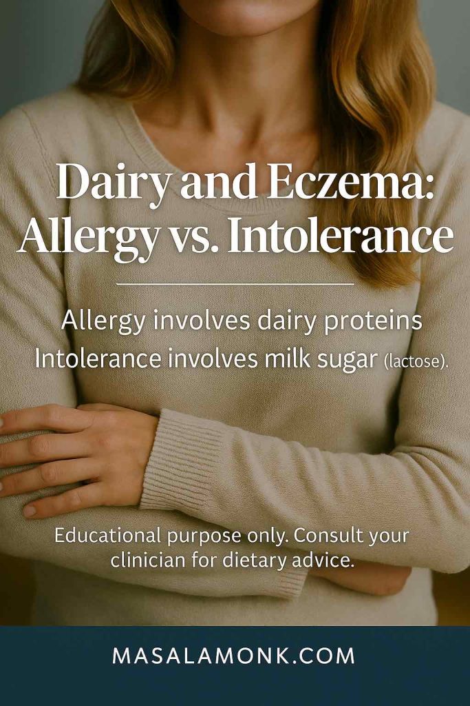 Educational photo graphic showing a woman in a beige sweater with folded arms, overlaid with text explaining the difference between allergy and intolerance in relation to milk and eczema. Text reads: “Allergy involves dairy proteins. Intolerance involves milk sugar (lactose).” Disclaimer: “Educational purpose only. Consult your clinician for dietary advice.” MasalaMonk.com footer included.