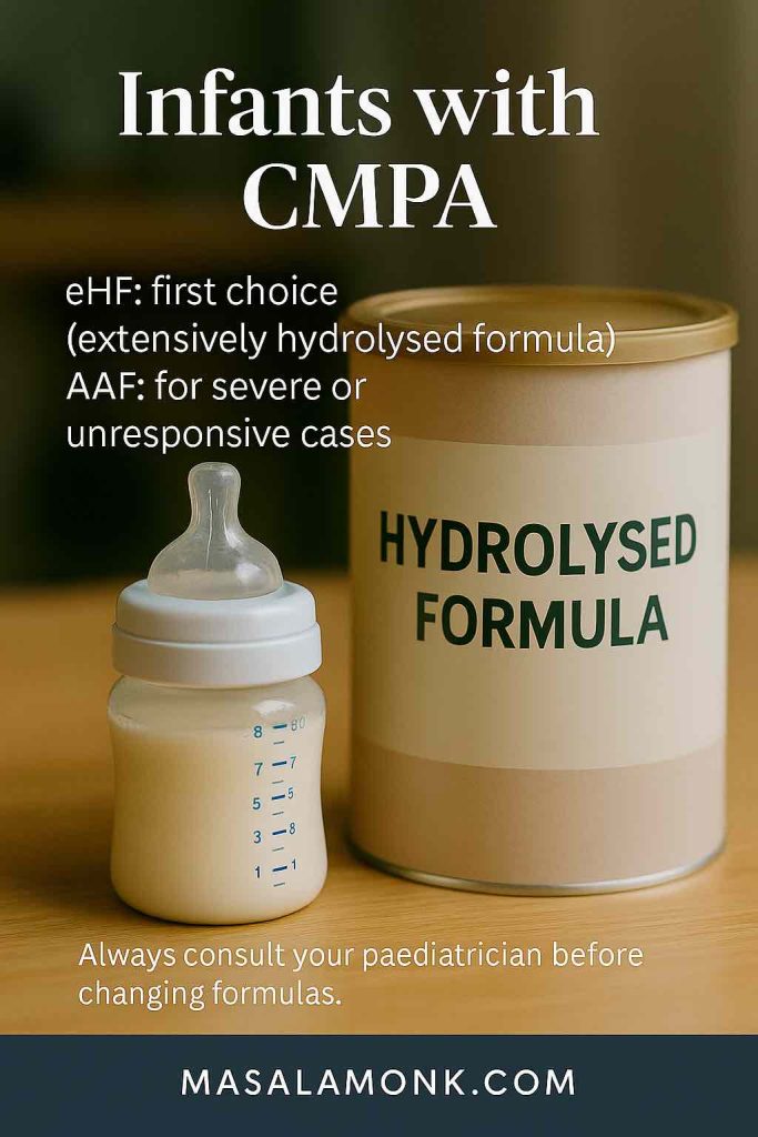 Educational infographic featuring a baby bottle and a tin labeled “Hydrolysed Formula” on a neutral wooden background. Text overlay reads: “Infants with CMPA – eHF: first choice (extensively hydrolysed formula) – AAF: for severe or unresponsive cases.” Disclaimer included: “Always consult your paediatrician before changing formulas.” MasalaMonk.com footer included.