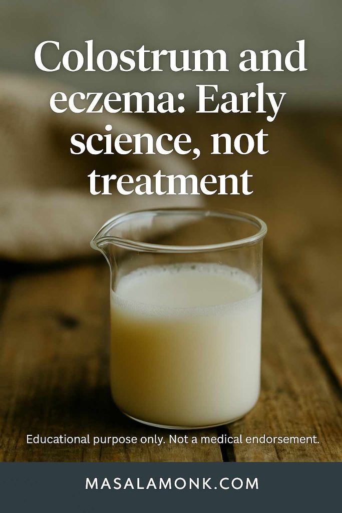 Educational infographic with a glass beaker containing colostrum on a wooden table. Text overlay reads: “Colostrum and eczema: Early science, not treatment.” Disclaimer: “Educational purpose only. Not a medical endorsement.” MasalaMonk.com footer included.
