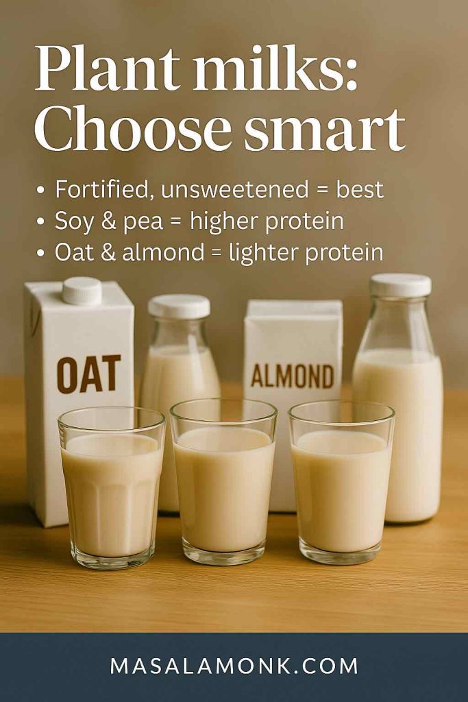Educational infographic showing five types of plant-based milks (oat, soy, almond, pea, coconut) displayed in cartons and glasses on a wooden surface. Text overlay reads: “Plant milks: Choose smart – Fortified, unsweetened = best – Soy & pea = higher protein – Oat & almond = lighter protein.” MasalaMonk.com footer included.
