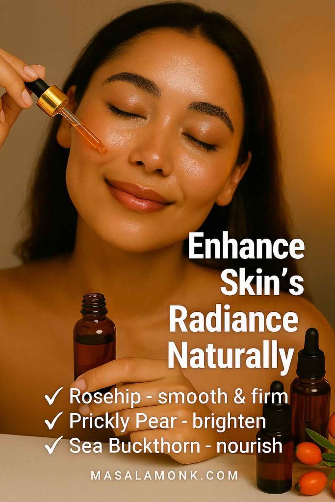 Woman applying rosehip oil with dropper for glowing skin alongside prickly pear and sea buckthorn oils.