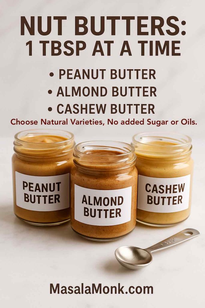 Three glass jars—peanut, almond and cashew butter—on marble with a 1-tbsp measuring spoon and portion headline - showing best Nut Butters for weight loss.