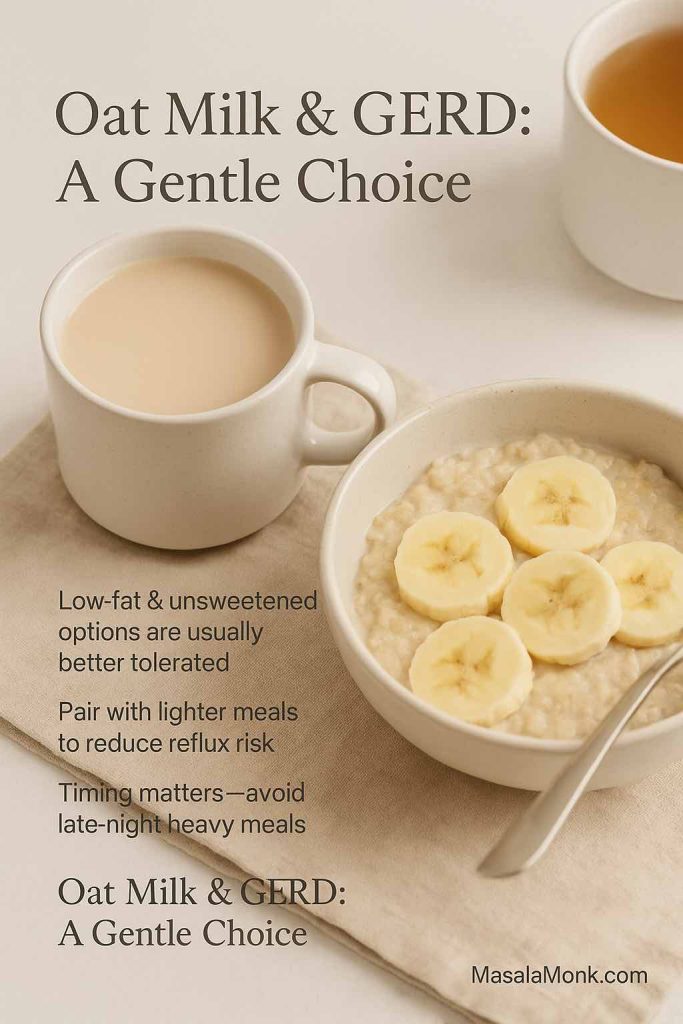 Photograph of a GERD-friendly breakfast with oat milk in a white ceramic cup, oatmeal topped with banana slices, and herbal tea. Text overlay explains that unsweetened low-fat options are better tolerated, pairing lighter meals reduces reflux risk, and avoiding late-night heavy meals can help manage GERD.
